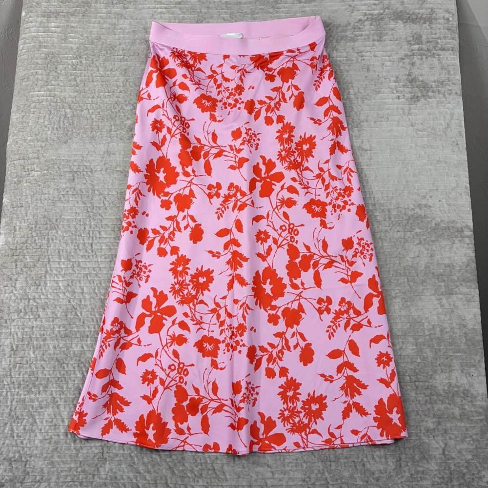 Outerknown Pink Red Floral Midi Skirt Elastic Waist A-Line‎ Lavender Print